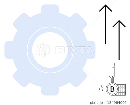 Large gear shape, two upward arrows, Bitcoin symbol with digital circuitry. Ideal for technology, cryptocurrency, financial growth, blockchain, innovation. Simple modern style 124964003