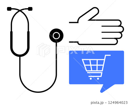 Stethoscope representing healthcare, hand gesture symbolizing interaction, blue speech bubble with shopping cart portraying e-commerce. Ideal for medical services, online shopping, e-commerce 124964023