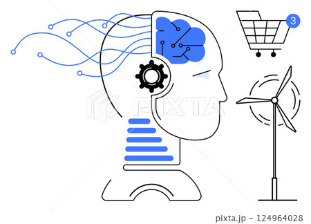 Human head with neural network and gear inside, connected lines representing data flow, shopping cart notification, wind turbine. Ideal for technology, artificial intelligence, innovation Human head with neural network and gear inside, connected lines representing data flow, shopping cart notification, wind turbine. Ideal for technology, artificial intelligence, innovation 124964028