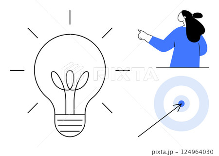 Large light bulb with radiant lines and minimalistic style beside a representation of a person pointing and a target symbol with an arrow in the center. Ideal for creativity, ideas, innovation 124964030
