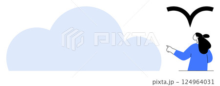 Person in blue pointing at a bird flying above a large blue cloud. Ideal for nature, weather, cloud computing, outdoor activities, and environmental awareness. Minimalist, modern, flat 124964031