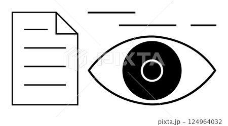 Paper document with lines representing text next to an eye symbolizing observation or review. Ideal for security, privacy awareness, document review, content monitoring, surveillance, compliance 124964032