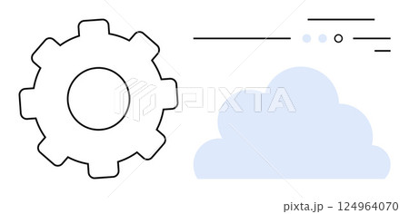 Gear icon beside a cloud shape with horizontal lines and dots. Ideal for cloud computing, technology optimization, IT services, software settings, data management, digital transformation, web 124964070