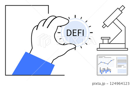 Hand holding a DEFI coin, microscope beside, analytic growth chart displaying statistics. Ideal for finance, cryptocurrency, technology, analytics, research, investments, digital transformation. Line Hand holding a DEFI coin, microscope beside, analytic growth chart displaying statistics. Ideal for finance, cryptocurrency, technology, analytics, research, investments, digital transformation. Line 124964123