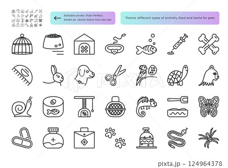 Pets types, animals items, black line icon set for grooming salons, vet clinics, shelters, vector monochrome signs, editable stroke 124964378
