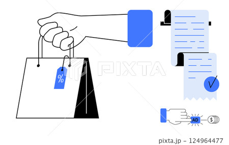 Hand holding a shopping bag with a discount tag, a checklist, and a payment icon. Ideal for e-commerce, online shopping, retail, digital marketing, and financial transactions. Simple vector art style 124964477