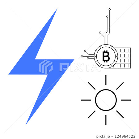 Blue lightning bolt next to a Bitcoin symbol with circuit lines and a solar energy icon. Ideal for renewable energy, cryptocurrency, technology, finance, and innovation-focused presentations. Simple 124964522