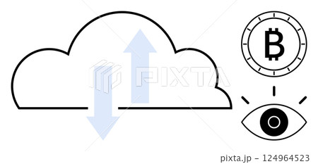 Cloud with up and down arrows symbolizing data transfer, bitcoin circle above an eye suggesting security and privacy. Ideal for tech, finance, cybersecurity, privacy, blockchain, data management 124964523