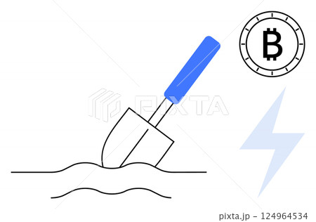 Shovel digging into ground alongside Bitcoin symbol and lightning bolt. Ideal for cryptocurrency, bitcoin mining, blockchain technology, financial investments, fintech, digital currency education Shovel digging into ground alongside Bitcoin symbol and lightning bolt. Ideal for cryptocurrency, bitcoin mining, blockchain technology, financial investments, fintech, digital currency education 124964534