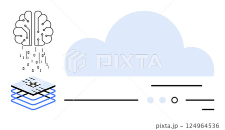 Brain symbol dispersing data onto a chip, connected to a large cloud graphic. Ideal for AI, data processing, cloud computing, technology innovation, digital transformation, data storage 124964536