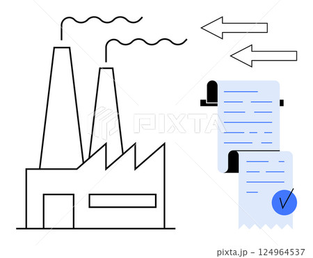 Industrial building with two chimneys emitting smoke, arrows indicating output, and a receipt with a blue check mark. Ideal for business, manufacturing, finance, production, and economy themes 124964537