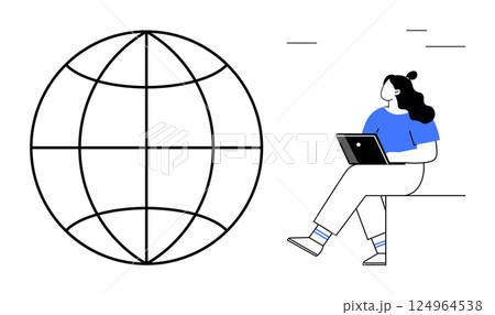 Woman sitting with a laptop beside a globe icon, symbolizing global connectivity and internet usage. Ideal for themes like remote work, online learning, digital nomad lifestyle, global communication 124964538