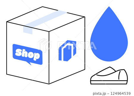 White box with shop speech bubble, shipping tape, blue droplet, and shoe outline. Ideal for e-commerce, delivery services, retail marketing, online stores, shopping apps, shipment tracking, logistics 124964539