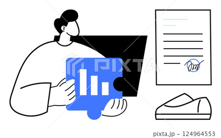 Individual holding a blue graph puzzle piece in front of a computer screen, next to a signed document and keyboard. Ideal for business processes, digital workspace, data management, contracts Individual holding a blue graph puzzle piece in front of a computer screen, next to a signed document and keyboard. Ideal for business processes, digital workspace, data management, contracts 124964553