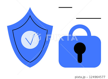 A blue shield with a check mark and a padlock represent security and protection. Ideal for cybersecurity, data protection, online safety, secure transactions, and privacy. Minimalist vector style 124964577