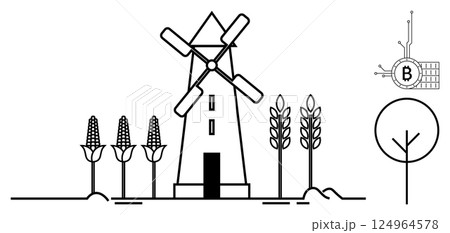 Black and white windmill with corn, trees, and a digital Bitcoin symbol. Minimalist line art. Ideal for agriculture, technology, blockchain, sustainability, and modern farming concepts Black and white windmill with corn, trees, and a digital Bitcoin symbol. Minimalist line art. Ideal for agriculture, technology, blockchain, sustainability, and modern farming concepts 124964578