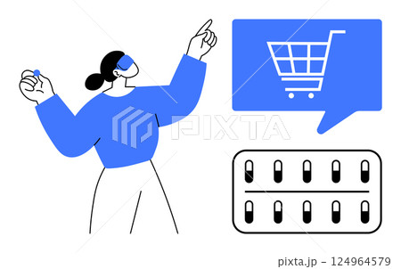 Person pointing at speech bubble with shopping cart symbol, nearby assortment of pills. Ideal for e-commerce, online shopping, healthcare, medication, pharmacy, digital marketing, medical commerce Person pointing at speech bubble with shopping cart symbol, nearby assortment of pills. Ideal for e-commerce, online shopping, healthcare, medication, pharmacy, digital marketing, medical commerce 124964579