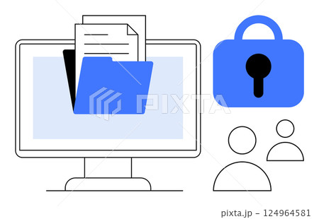 Desktop monitor displaying a blue folder with documents. Beside it is a padlock symbol indicating security and two user icons. Ideal for data security, privacy protection, information management 124964581