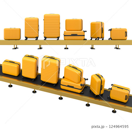 Set of Airport luggage conveyor belt, manufacture line or baggage claim area with suitcases on white background. 3d render of travel vacation concept. Set of Airport luggage conveyor belt, manufacture line or baggage claim area with suitcases on white background. 3d render of travel vacation concept. 124964595