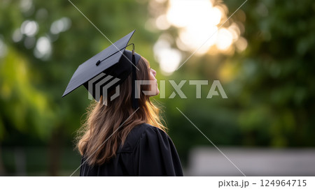 Female graduate back view looking up towards future sunlight hope 124964715