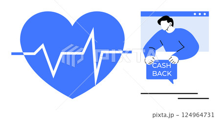 Blue heart with heartbeat line, alongside a person in a browser window holding a cashback sign. Ideal for finance, online shopping, health tracking, digital economy, and customer incentives. Flat Blue heart with heartbeat line, alongside a person in a browser window holding a cashback sign. Ideal for finance, online shopping, health tracking, digital economy, and customer incentives. Flat 124964731