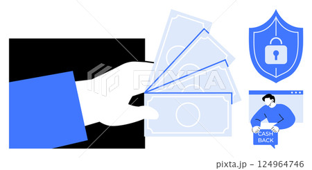 Hand holding paper money, a shield with a lock symbol, and a person holding a cashback icon on a screen. Ideal for banking services, online transactions, financial security, cash rewards, and digital 124964746
