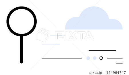 Magnifying glass icon and cloud illustration with dynamic lines indicating speed and precision. Ideal for technology, research, cloud computing, data analysis, speed performance, efficiency, digital 124964747
