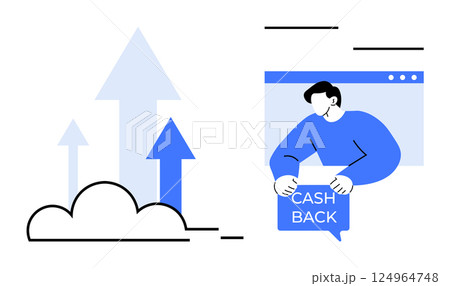 Person holding cash back sign next to growth arrows. Ideal for marketing, e-commerce, customer loyalty, financial incentives, and online shopping. Minimalist vector style with blue and black colors 124964748
