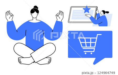 Calm figure meditating, hand holding screen with star, and speech bubble with shopping cart symbol. Ideal for wellness, online shopping, digital marketing, mindfulness, mobile apps, user experience 124964749