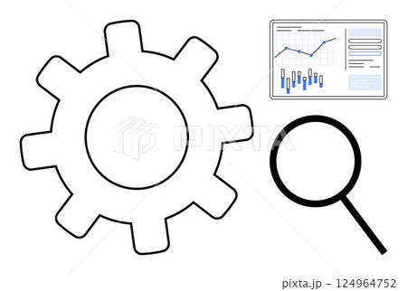 Gear symbol, magnifying glass, and data chart screen illustrating technical optimization, analysis, and improvement. Ideal for engineering, data science, technology, research, business efficiency 124964752