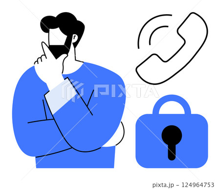 A thoughtful man standing beside a phone icon and security lock symbol. Ideal for communication, privacy, security, tech support, and information protection. Clean minimalistic style 124964753