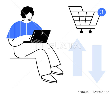 Person working on laptop beside shopping cart with three-item notification. Blue arrows pointing up and down. Ideal for e-commerce, online shopping, digital marketing, product management, business Person working on laptop beside shopping cart with three-item notification. Blue arrows pointing up and down. Ideal for e-commerce, online shopping, digital marketing, product management, business 124964822