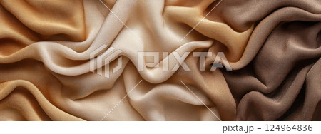 Golden beige fabric with soft folds and drapery texture. Close-up textile background. Design for wallpaper, fashion, interior, print, banner. Golden beige fabric with soft folds and drapery texture. Close-up textile background. Design for wallpaper, fashion, interior, print, banner. 124964836