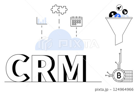 CRM system, cloud, puzzle pieces, graph, calendar, funnel, cryptocurrency network. Ideal for data management, business integration, cloud solutions, cryptocurrency trends digital marketing Modern 124964966