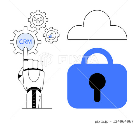 Robotic hand pointing at CRM gear. Other gears have user and bar chart icons. Cloud symbol and blue lock present. Ideal for technology, CRM, data management, cloud computing, cybersecurity Robotic hand pointing at CRM gear. Other gears have user and bar chart icons. Cloud symbol and blue lock present. Ideal for technology, CRM, data management, cloud computing, cybersecurity 124964967