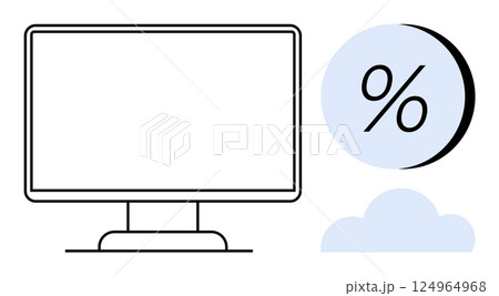 Computer monitor with a financial percentage symbol and light blue cloud. Ideal for technology, finance, data analytics, online storage, cloud computing, digital banking, and business growth. Line 124964968