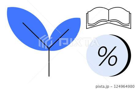 Blue leaf symbolizing growth, open book representing knowledge, and percentage symbol indicating measurement. Ideal for education, finance, environmental, business, innovation, development 124964980