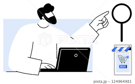 A businessman with a beard on a laptop, pointing towards a shopping cart button. Ideal for online shopping, e-commerce, business strategy, digital marketing, and technology themes. Simple vector 124964981