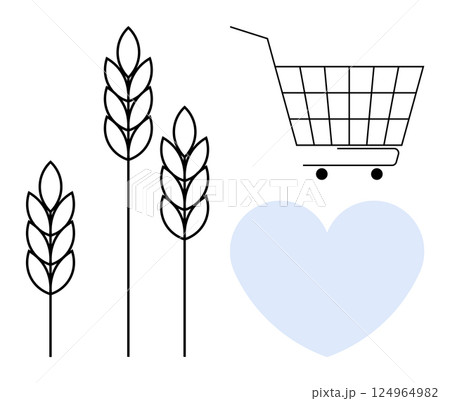 Wheat stalks, a shopping cart, and a light blue heart symbol are visible. Ideal for agriculture food love farming healthy lifestyle environment sustainability shopping commerce health wellness 124964982