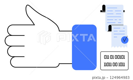 Hand with a thumbs-up sign, document with a check mark, and binary numbers. Ideal for digital approval, verification, online consent, blockchain security, and data encryption. Simple vector style 124964983
