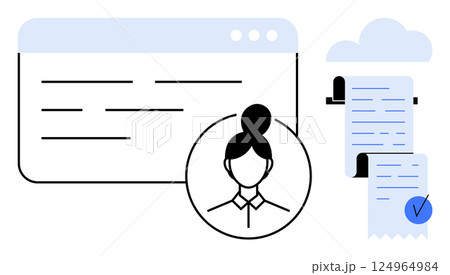 A professional woman stands in front of a browser window with document scrolls on the side and a cloud above. Ideal for business, productivity, digital work, organization, and cloud computing themes 124964984