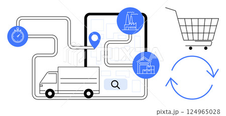 Digital map with truck route, stopwatch, industrial building, warehouse, shopping cart and circular arrows Ideal for e-commerce logistics, supply chain management, delivery services, industrial Digital map with truck route, stopwatch, industrial building, warehouse, shopping cart and circular arrows Ideal for e-commerce logistics, supply chain management, delivery services, industrial 124965028