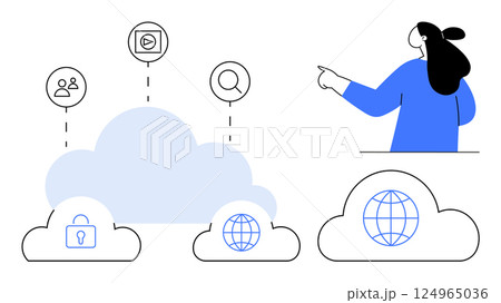 Woman pointing towards clouds with icons for people, video, search, security, and global internet. Ideal for technology, cloud computing, digital communication, data storage, online security 124965036