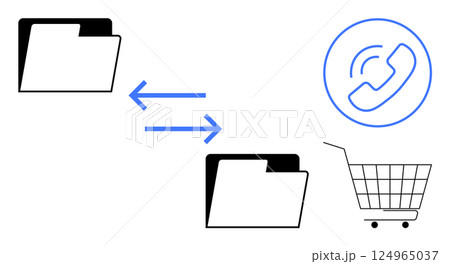 Two folders with arrows between them indicating transfer. Includes a shopping cart and a phone call symbol. Ideal for data management, online shopping, communication, business transactions 124965037