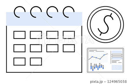 Calendar with spiral binding, dollar symbol in circle, and data analytics chart with graphs and bar graphs. Ideal for business strategy, financial planning, scheduling, budgeting, analytics, time 124965038