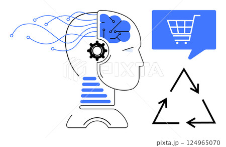 Human head with electronic brain and circuits. Shopping cart and speech bubble indicating e-commerce. Recycling symbol showing sustainability. Ideal for AI, tech, e-commerce, innovation, environment Human head with electronic brain and circuits. Shopping cart and speech bubble indicating e-commerce. Recycling symbol showing sustainability. Ideal for AI, tech, e-commerce, innovation, environment 124965070