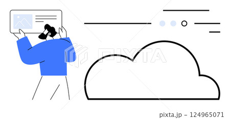 Person holding a screen with abstract cloud beside it, symbolizing online storage. Ideal for technology, cloud computing, data transfer, digital work, online communication, internet services, modern Person holding a screen with abstract cloud beside it, symbolizing online storage. Ideal for technology, cloud computing, data transfer, digital work, online communication, internet services, modern 124965071