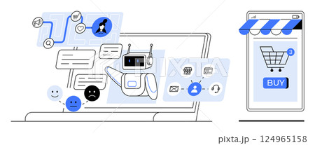 A robot interacting on a laptop with customer support tools like chat bubbles, workflow charts, emotions, and a shopping cart on a smartphone screen. Ideal for AI customer support, e-commerce 124965158