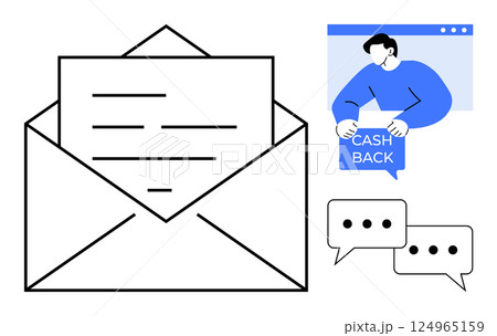 An open envelope, a person holding a cashback sign, and chat bubbles. Ideal for email communication, customer service, rewards programs, online shopping, marketing strategies. Simplistic cartoon 124965159