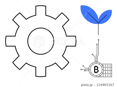 A large gear beside a sprouting plant and a digital Bitcoin illustrating the synergy of technology, growth, and digital finance. Ideal for business development, sustainability, cryptocurrency A large gear beside a sprouting plant and a digital Bitcoin illustrating the synergy of technology, growth, and digital finance. Ideal for business development, sustainability, cryptocurrency 124965167